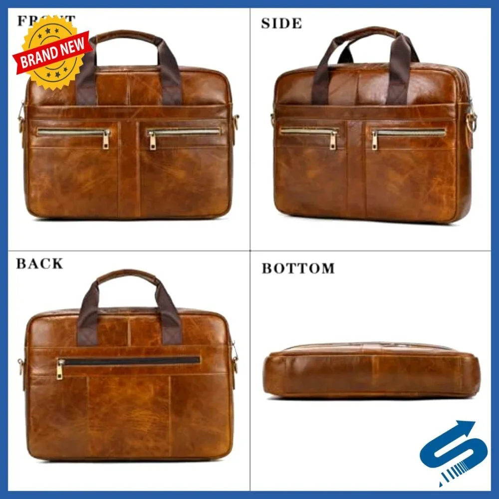Genuine Leather Briefcase for Men, Laptop Bag with Shoulder Strap, 15.6 Inch